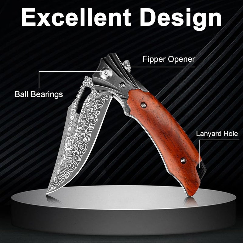 Zingbee Damascus Pocket Knife for Men Women, Wood Handle Folding Knife with Sheath, 3.15" Damascus Steel Blade Pocket Knives for Outdoor - Image 5